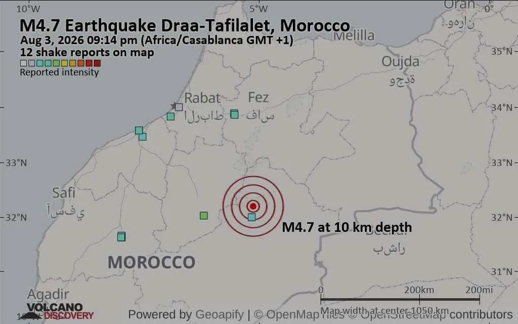 4.7 Magnitude Earthquake Strikes Drâa-Tafilalet Region, Felt by Residents of Several Cities Without Reported Damage