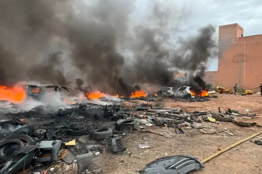 Massive Fire Erupts at Car Repair Workshop in Sidi Ghanem, Marrakech Authorities Mobilize