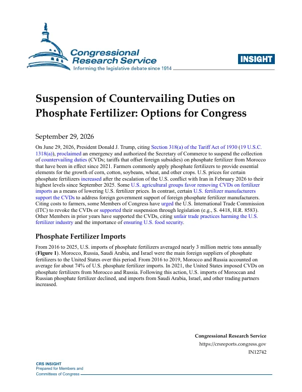 Suspension of Countervailing Duties on Phosphate Fertilizers: Congressional Considerations